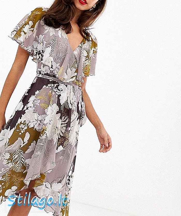 Sukienka midi ASOS DESIGN z peleryną z tyłu i zapinanym dołem rąbkiem w patchworkowo-kwiatowy wzór