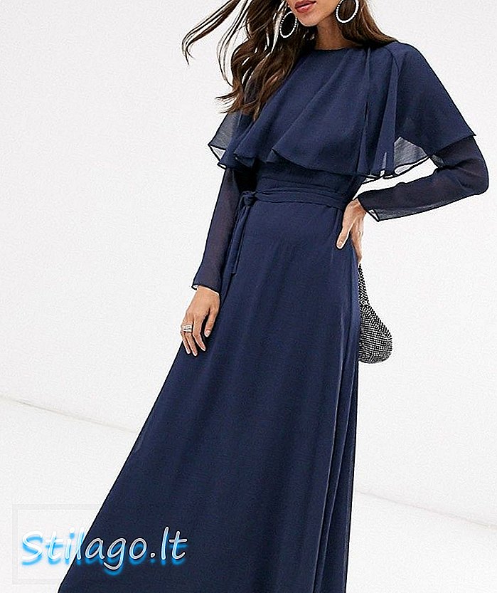 टाय कमर-निळ्यासह एएसओएस डिझाईन लाँग स्लीव्ह केप बॅक मॅक्सी ड्रेस
