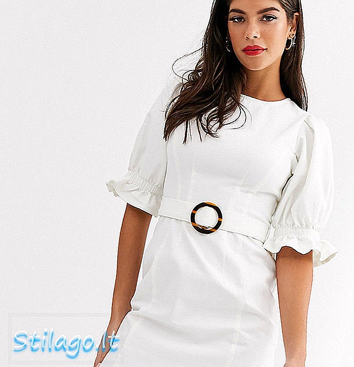 Висока джинсова сукня міді ASOS DESIGN з пухнастим рукавом білого кольору