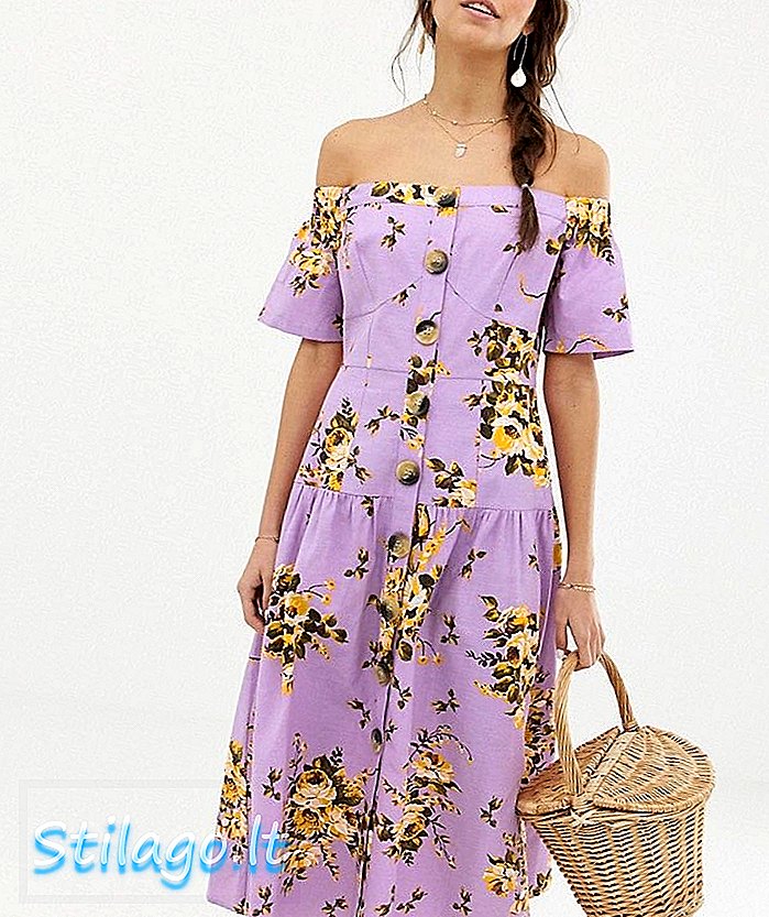 ASOS DESIGN omuz baskılı çiçek desenli midi elbise ile omuz-Multi