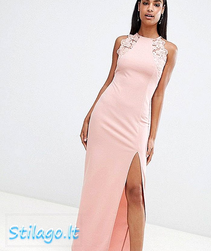 AX Paris maxi-jurk met hoge hals, zijsplit en kanten detail - Roze