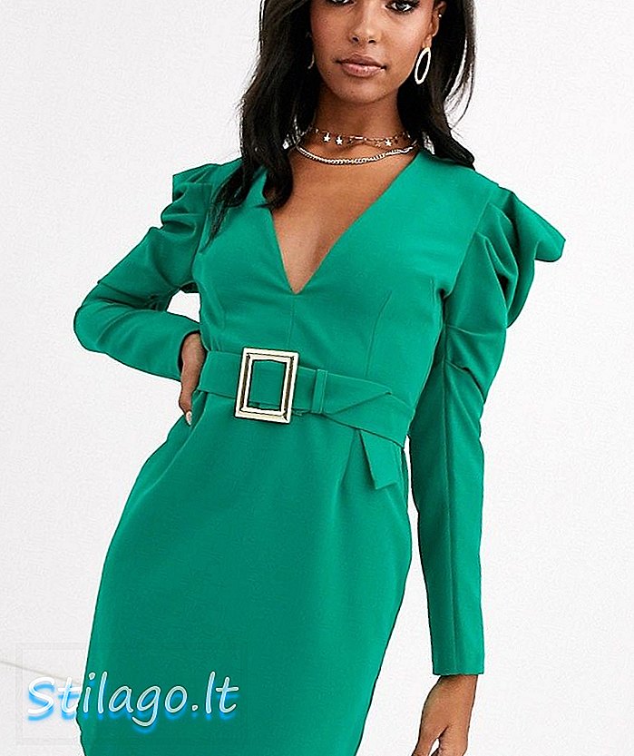 Vesper djup djup midi klänning med uttalande axel i smaragdgrön
