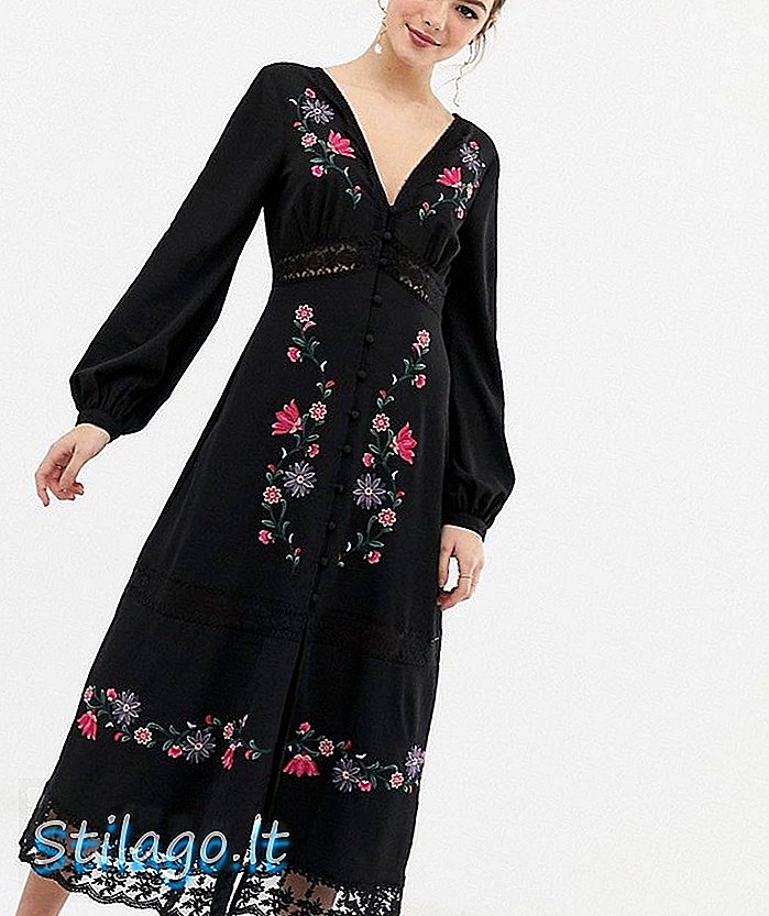 Gaun maxi bersulam ASOS DESIGN dengan sisipan renda-Hitam