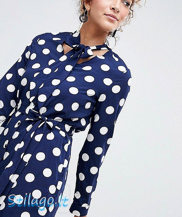 Gaun polka dot Parisian dengan dasi pinggang dan pussy bow-Navy