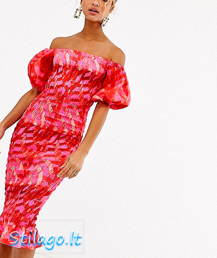 Never Fully Dressed off shoulder blouson sleeve shirred midi dress in pink abstract print-Multi