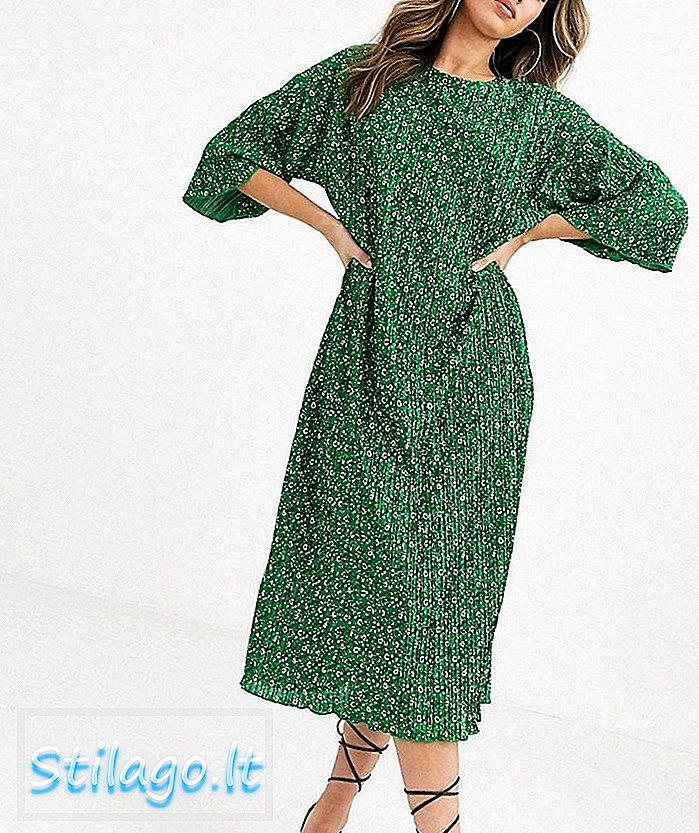 ASOS DESIGN green ditsy print midi plisse obrovské tričko šaty-Multi