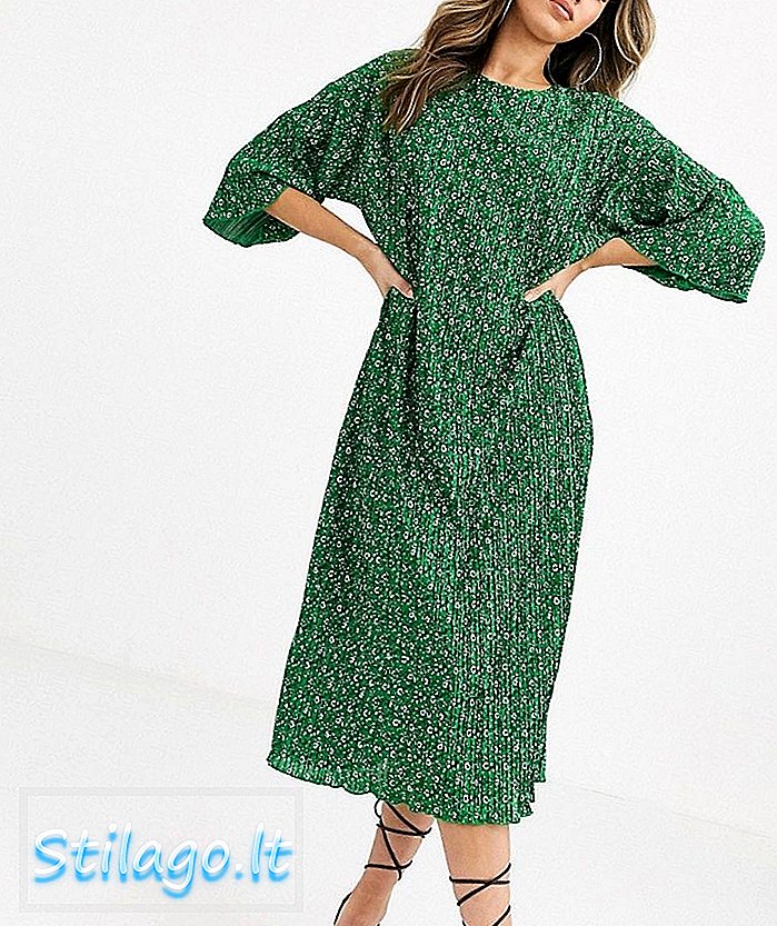 ASOS DESIGN green ditsy print midi plisse gaun t-shirt besar-Multi