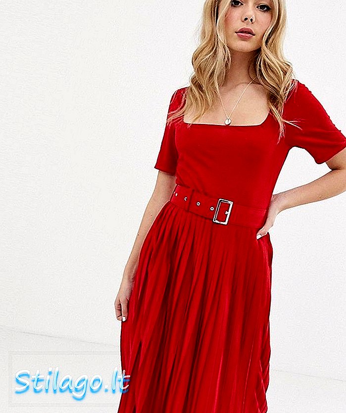 ASOS DESIGN - Vestito midi con gonna a pieghe e cintura rossa