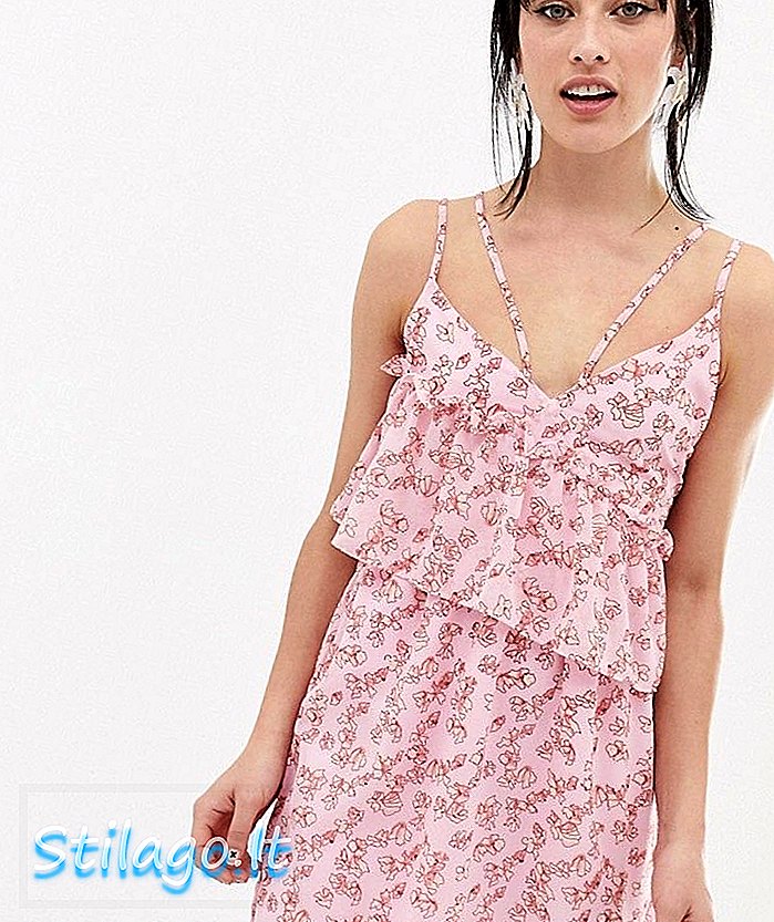 Lost Ink Asymmetric Midi Dress Dengan Ruffle Layer Dalam Ditsy Floral Print-Multi