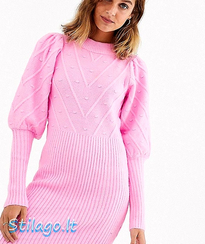 퍼프 슬리브와 핑크 스티치 디테일의 리버 아일랜드 니트 드레스