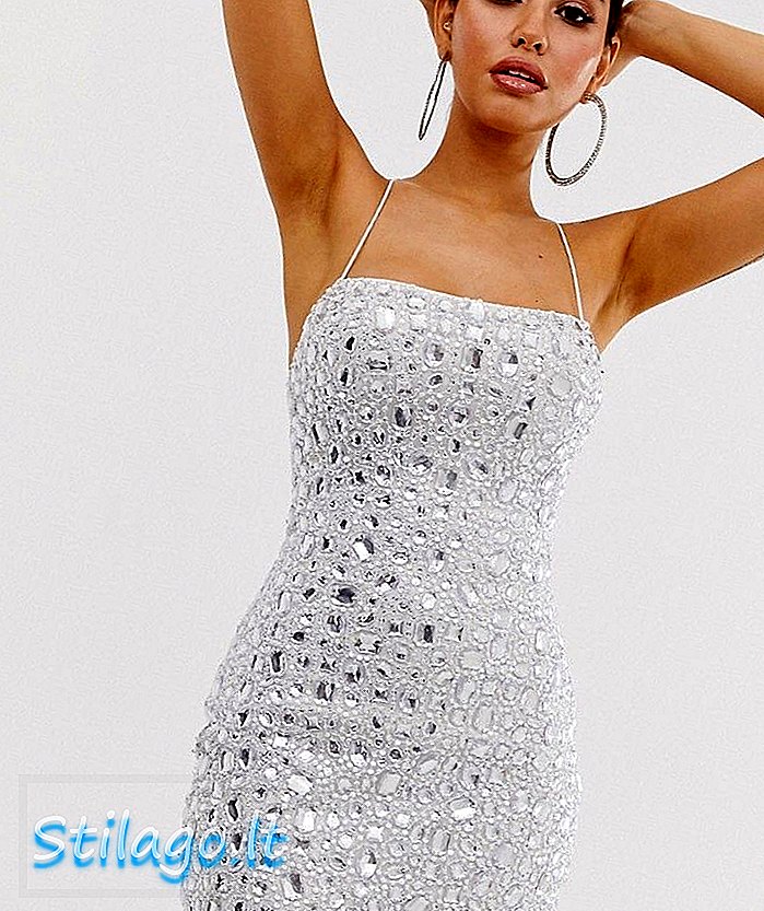 „ASOS DESIGN“ smarkiai puošta karoliukų spalvos mini sidabrinė suknelė