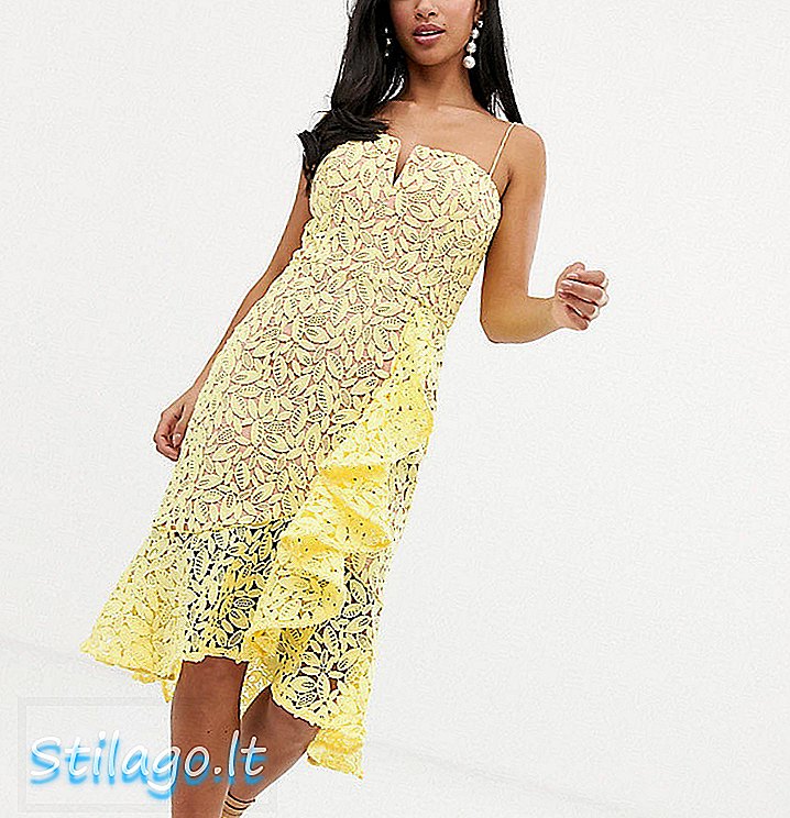 नींबू-पीले रंग में लेस स्क्वायर नेक रफल मिनी ड्रेस में जेरो पेटिट