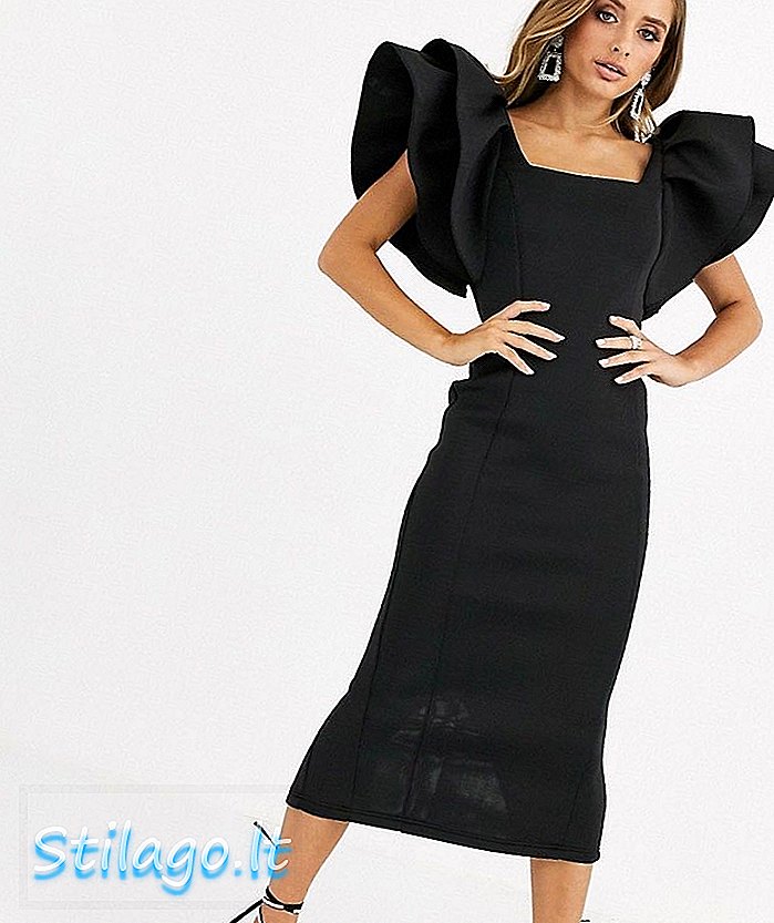काले रंग में मिसगेल्ड रफ़ल स्लीव स्क्वायर नेक स्कूबा मिडी ड्रेस