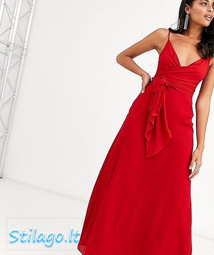ASOS DESIGN cami wrap maxi φόρεμα με γραβάτα στη μέση-Κόκκινο