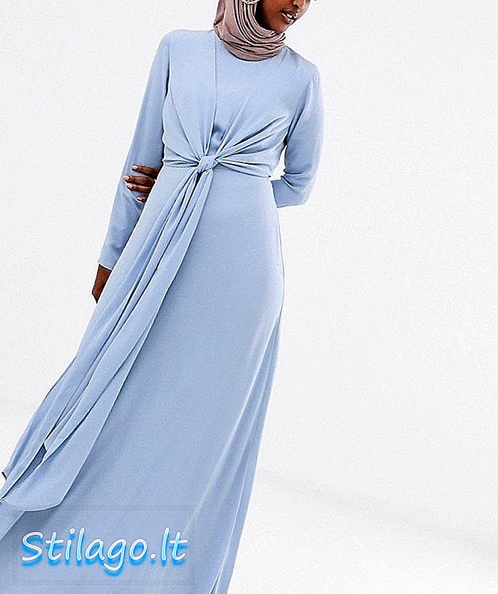 Maxi dress ASOS DESIGN dengan balutan pinggang dan lengan panjang-Biru