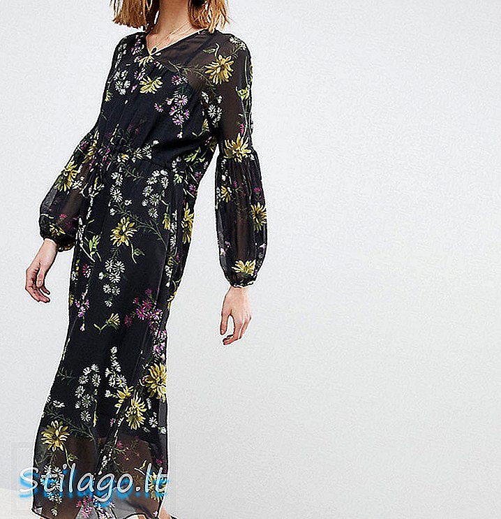 Sklad Holandský kvetinový potlač Balónikový rukáv Šifón Midi Dress-Multi