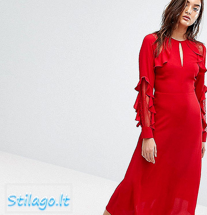 Warehouse Кружевное платье-миди с красной отделкой