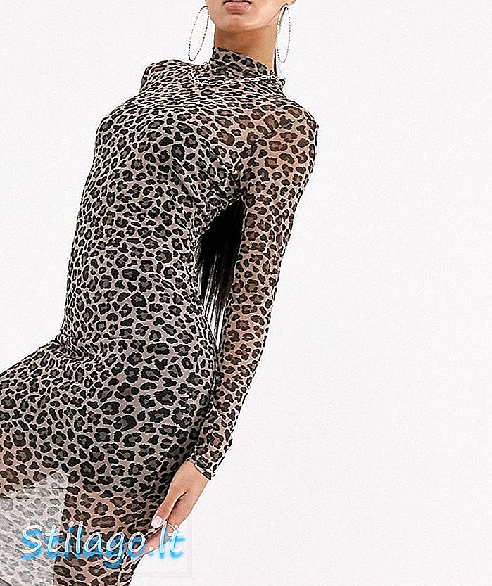 PrettyLittleThing midi-nettkjole med høy hals i leopard-Multi