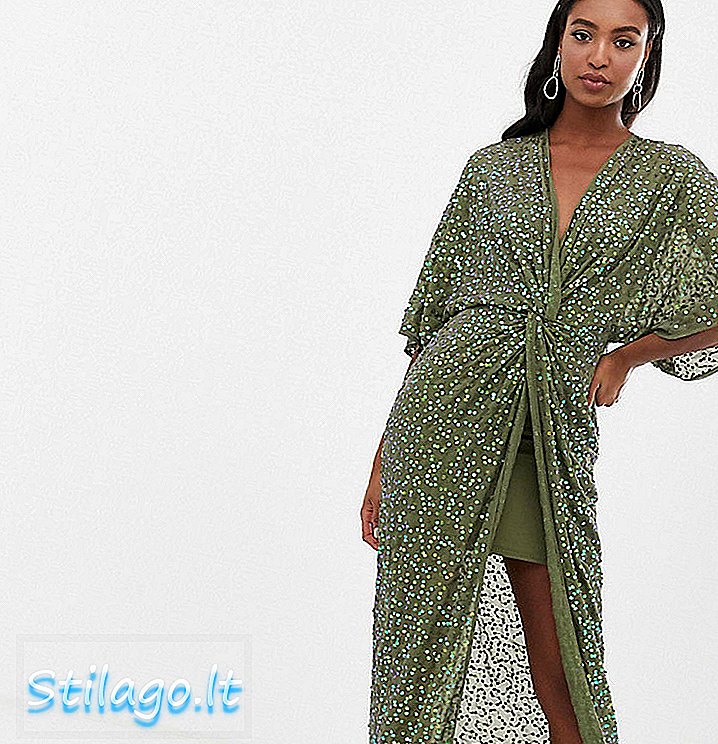 ASOS DESIGN Vysoký rozptylový flitrový uzel přední kimono maxi dress-Green