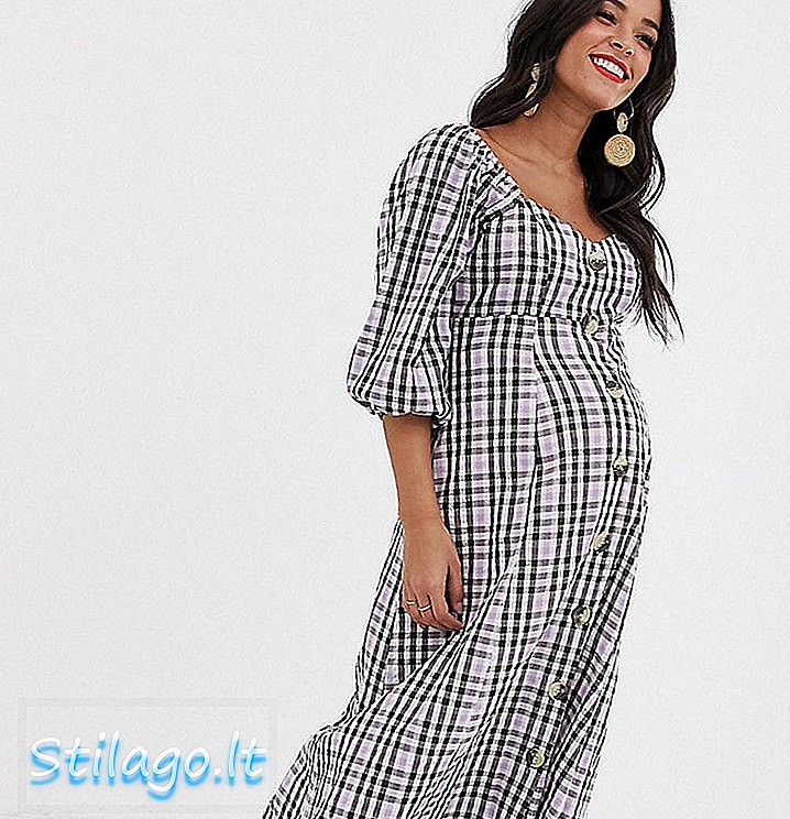 ASOS DESIGN - Bottone premaman manica a sbuffo attraverso abito lungo in check-Multi