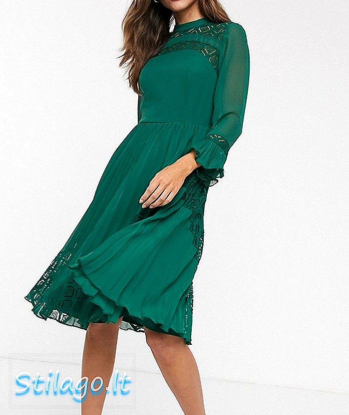 Koronkowa plisowana sukienka midi z długimi rękawami ASOS DESIGN - zielona