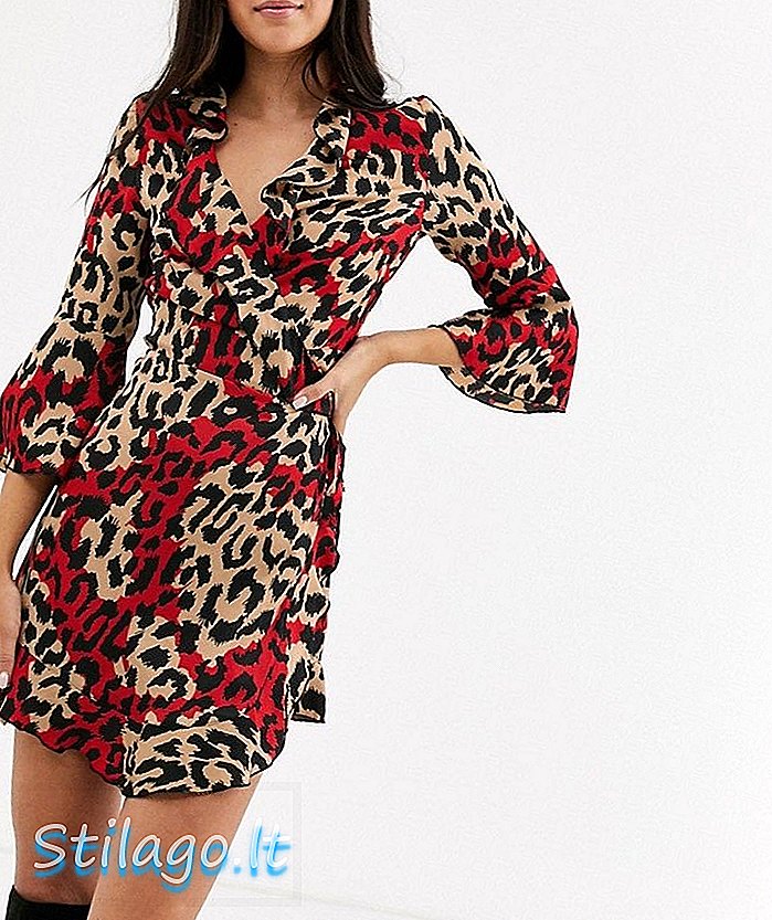 Uhyrlig Fortune ruffle omklædning mini kjole med riflet ærme i multi leopard print