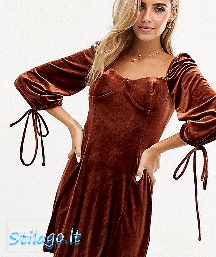 Гламурное структурированное платье с завязками из бархата-коричневого цвета