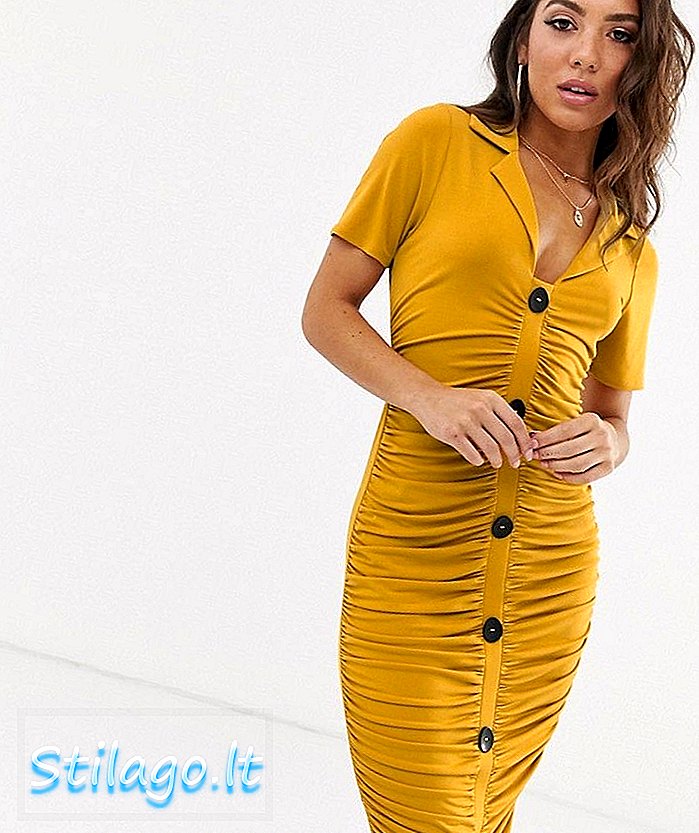 ASOS DESIGN vestido midi ruched com botões-Amarelo