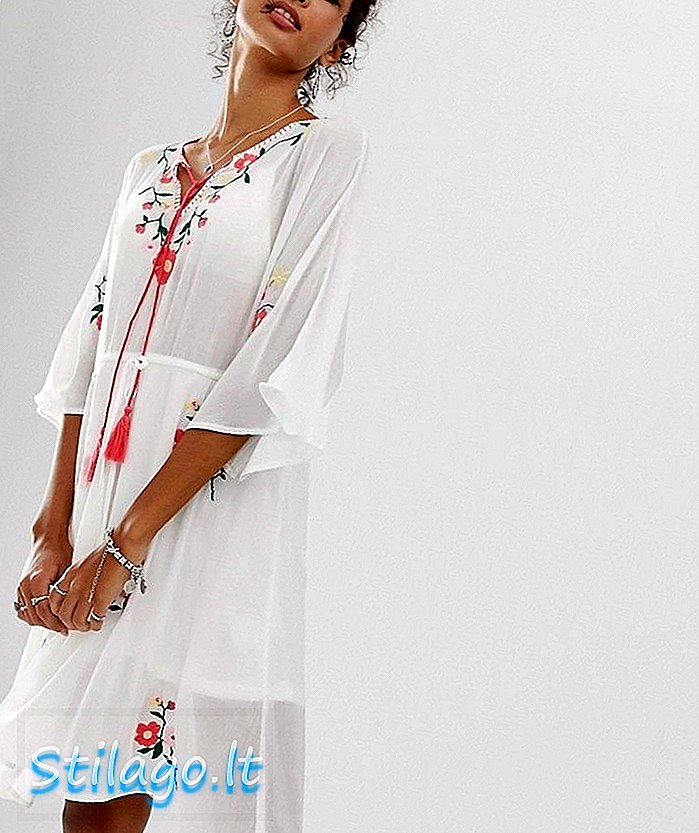 Vestido midi En Crme con bordado floral-Blanco