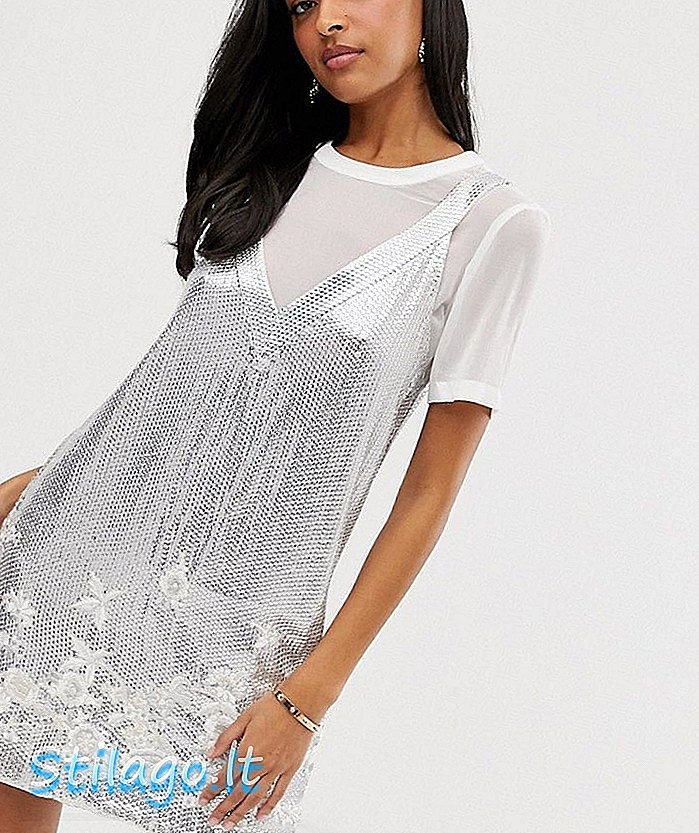 French Connection Ello verziertes Kleid mit T-Shirt-Unterlage-Silber