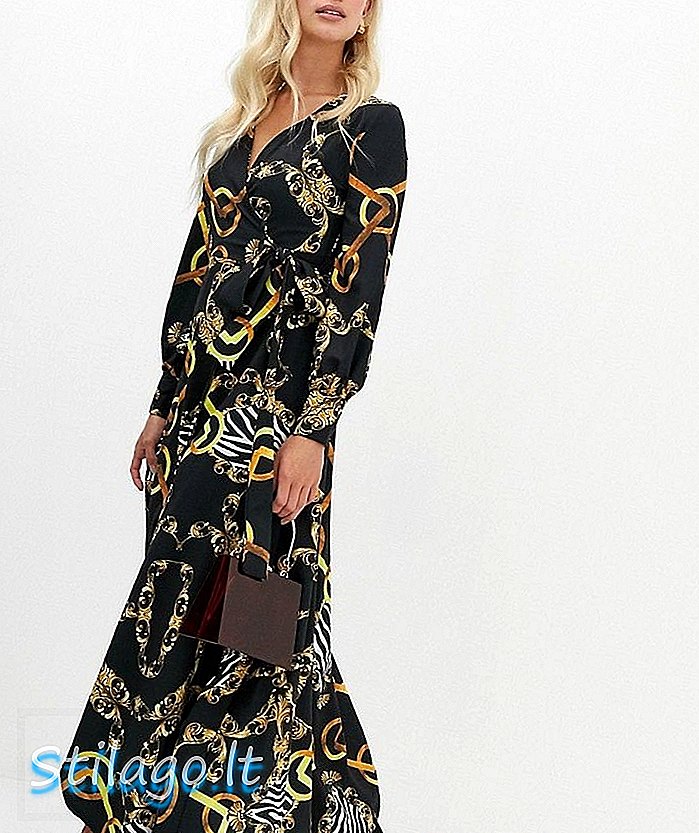 Zibi London midi-jurk met overslag, kettingpatroon en slipdetail - Zwart