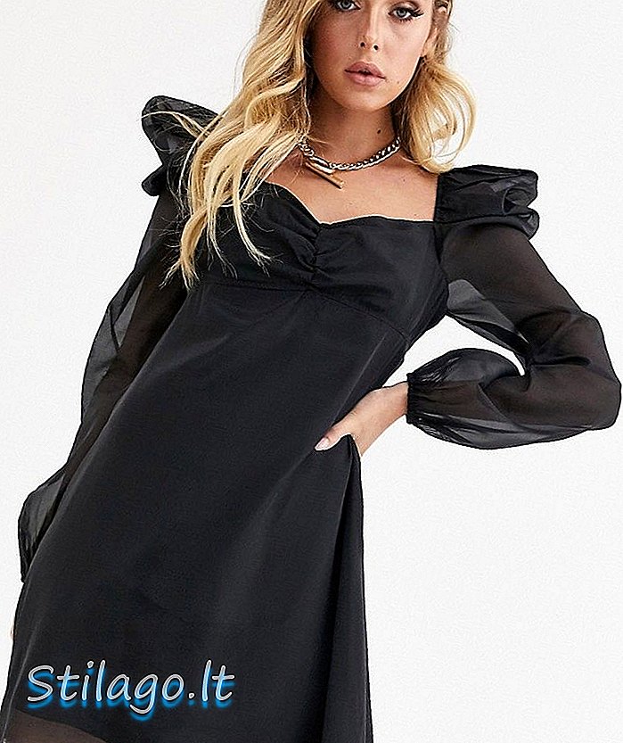 Rochie mini cu mânecă din puf din organza cu maneci negru