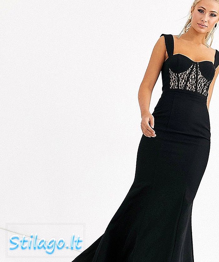 Siyah dantel ekli jarlo büstiyer maksi elbise