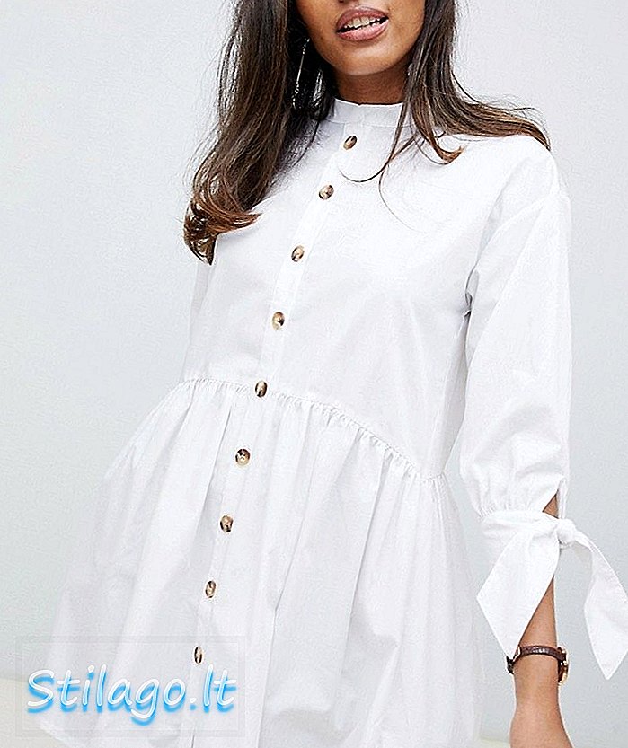 ASOS DESIGN - Mini-aangerimpelde mini-jurk met opstaande kraag en gestrikte mouwen - Wit