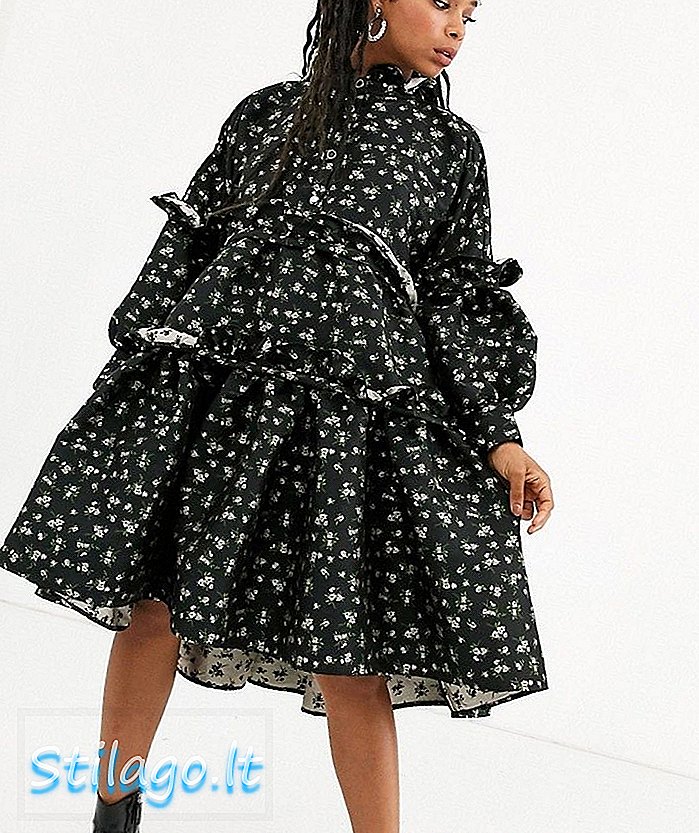 אחות החלומות ג'יין שכבה נפח שמלת midi smock עם חזית הכפתור בג'אקארד פרחוני-שחור