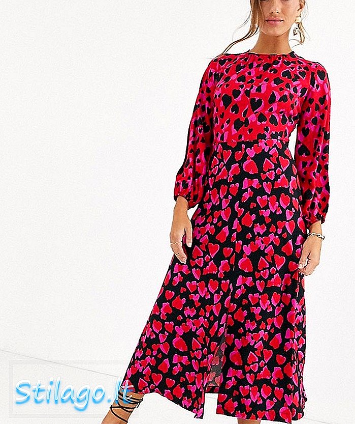 मिश्रित हार्ट प्रिंट-मल्टीमध्ये क्लोसेट लाँग स्लीव्ह स्प्लिट मिडी ड्रेस