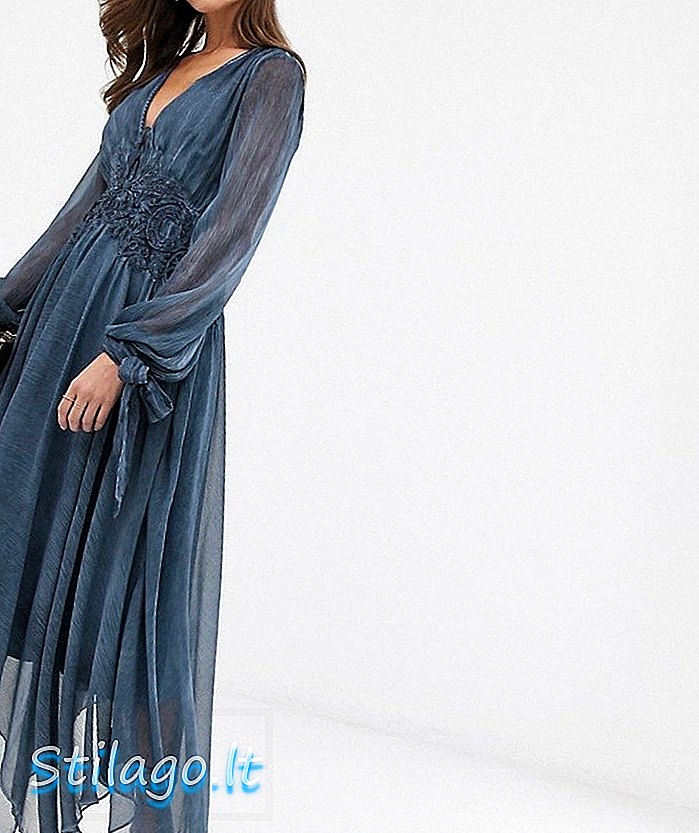 ASOS DESIGN μαλακό μεσαίο φόρεμα με κεντημένη λεπτομέρεια στη μέση σε πλεκτό σιφόν-Μπλε