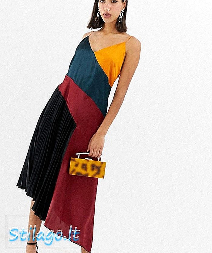 ASOS DESIGN - Geplooide midi-jurk van colourblock satijn-multi