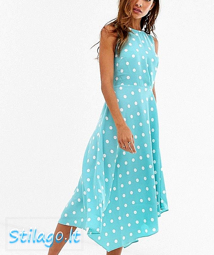 Lager midi kjole med slips tilbage i polka dot-Blue