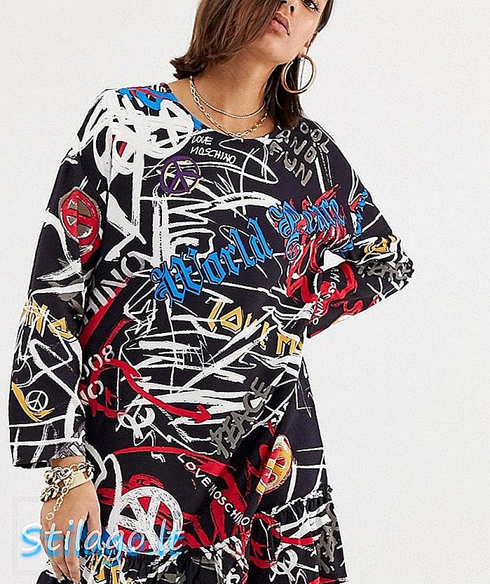אוהבים שמלת לוגו גרפיטי חדשה של Moschino עם מכפלת מכפלת מולטי