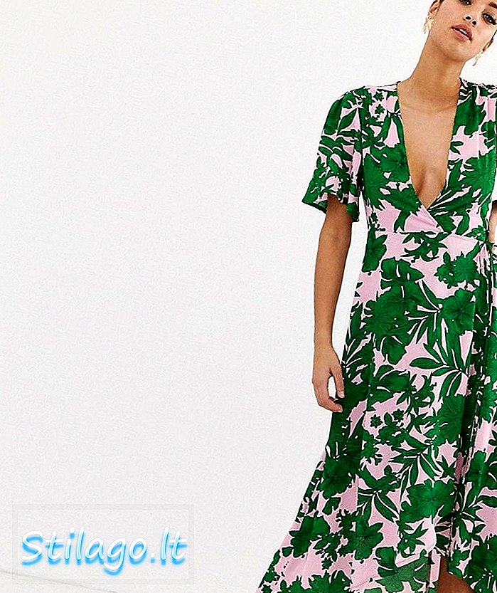 Netinkamai apvyniota priekinė midi suknelė iš žalios tropinių palmių spalvos