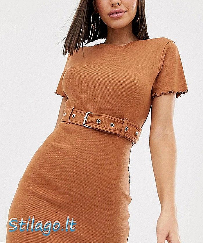 Missguided ribbestrikket beltet t-skjorte kjole i kamelbrun