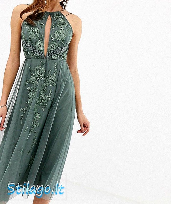 ASOS DESIGN dobbelt stropp midi-kjole med blonderindsatser og blomsterbroderi-Multi