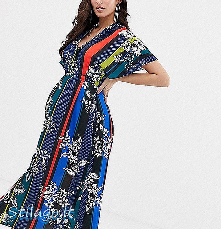 Vestit maxi davanter amb abric de la reina d'abric amb estria floral multi-contrast