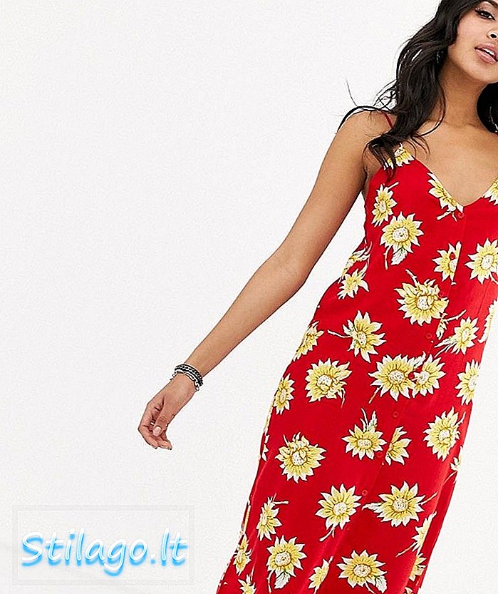 Μπουτόν μοτέλ μπροστινό φόρεμα με ηλιοφάνεια λουλουδιών-Κόκκινο