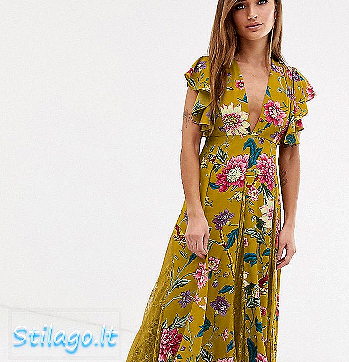 ASOS DESIGN שמלת מקסי פטיט עם אלטי תחרה בהדפס פרחוני חרדל-מולטי