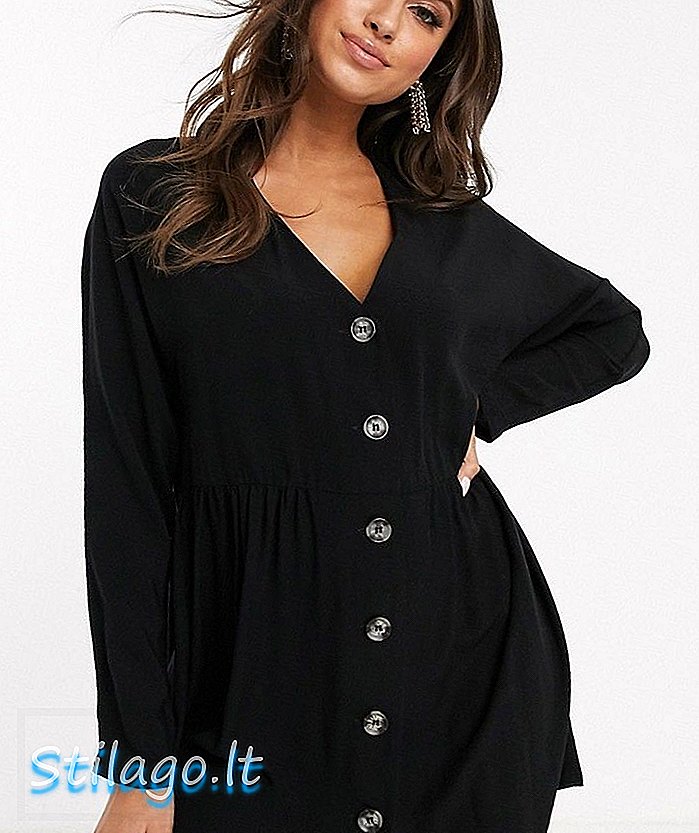 ASOS DESIGN - Mini robe smockée à col en V et manches longues - Noir