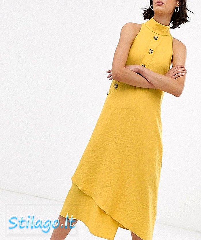ASOS HVIT asymmetrisk knapp gjennom ermeløs midi-kjole-gul
