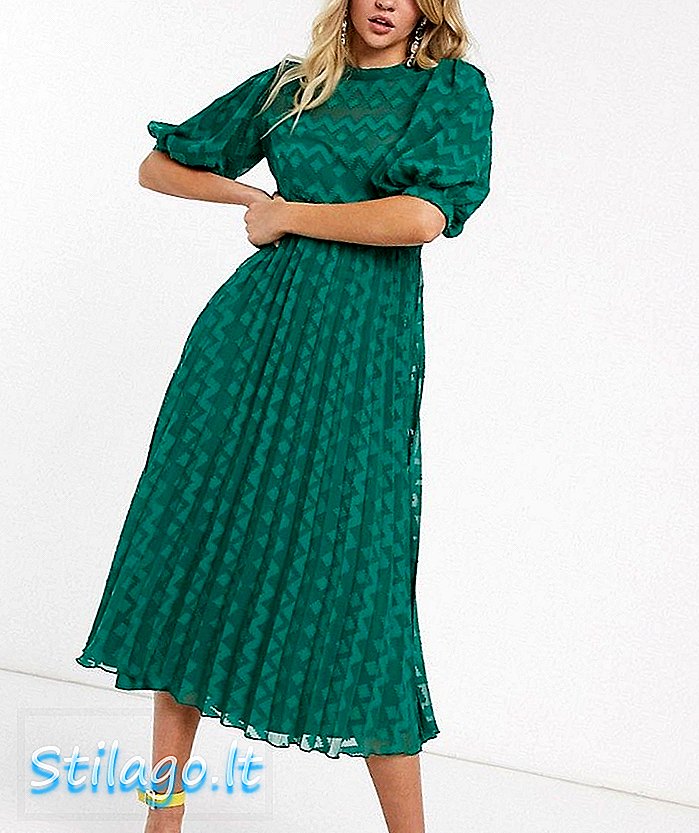 АСОС ДЕСИГН хаљина с високим вратима у плисираном шљокицама добби миди са пуф рукавом-зелена
