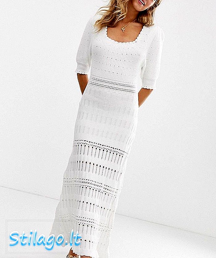 Gaun maxi crochet premium ASOS DESIGN dengan lengan puff-Cream